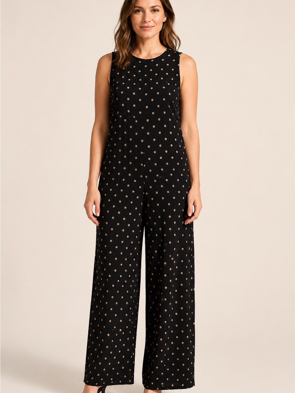 Lauren Ralph Lauren Women’s L Black Tan Polka Dot Wide Leg Jumpsuit Sleeveless